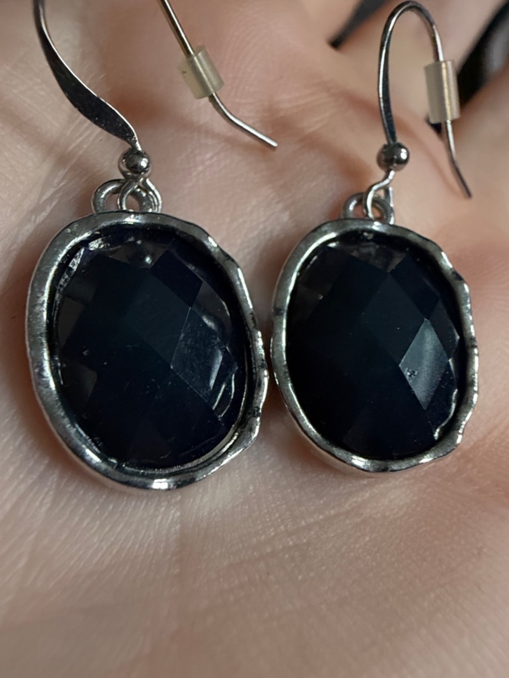 Silver Drop Earrings with Dark Navy Faceted Stones - Picture 5 of 7